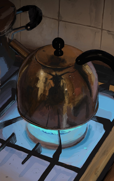 A painterly digital illustration of a domestic kitchen scene. A polished copper kettle sits on a gas stove burner with a bright blue flame. The reflective surface of the kettle shows a distorted reflection of a dark, humanoid figure with long horns standing in the room. The background consists of neutral-toned wall tiles and the handle of another pot.
