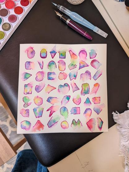 Watercolor and fountain pen ink painting with abstract shapes washed out with neon colors.