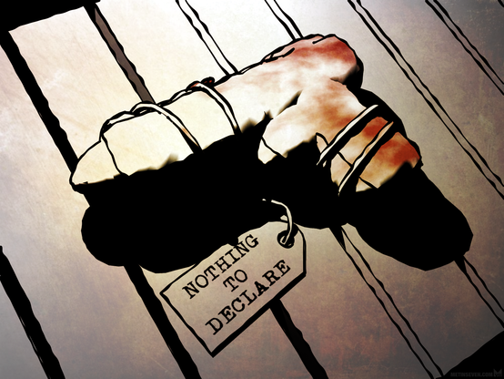 Dark, moody 3D artwork, rendered with ink-like lines, depicting a customs conveyor belt with a blood-stained, pistol-shaped wrapped package on it, and a "Nothing to declare" label attached to it.
