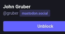 screenshot of mastodon web interface showing John Gruber as blocked